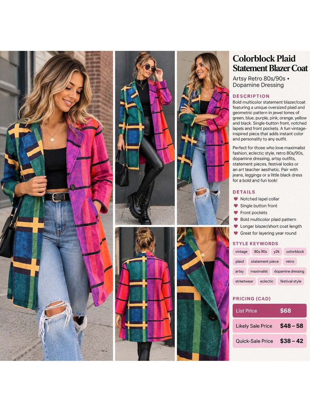 Colorblock Plaid Statement Blazer Coat Artsy Retro 80s/90s Dopamine Medium